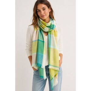 New Banana Republic Oversized Plaid Blanket Scarf Green Yellow Wrap 25X65 1128U